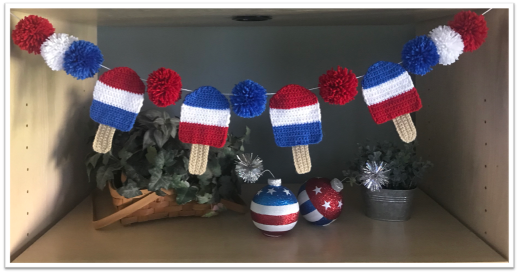 Patriotic Crochet Banner/Coaster Set with popsicles and pom poms