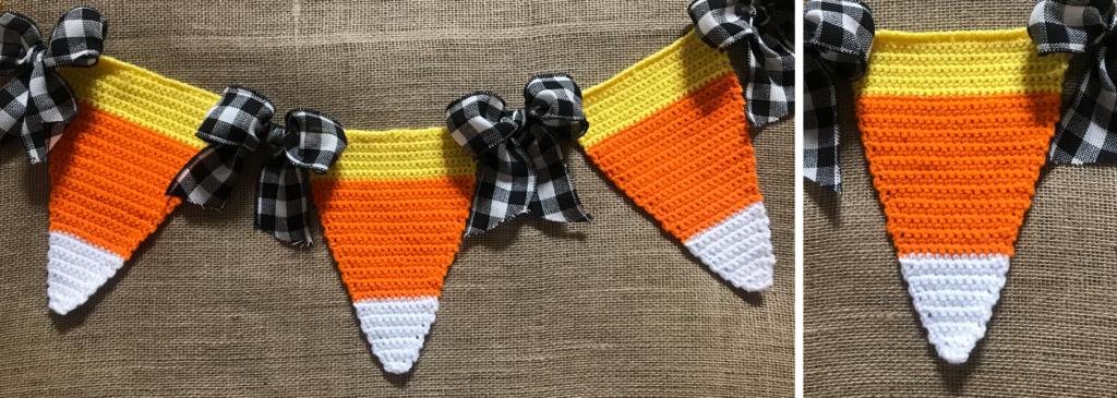 Up close photos of stitch work and shaping done when making this Crochet Candy Corn Bunting.