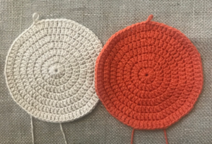 frontside and backside of crochet hot pad, not crust - pumpkin pie crochet hot pad and coasters pattern