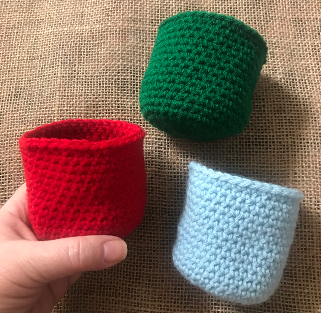 finished cups for Crochet Cocoa Ornaments.