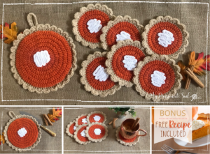 featured cover photo for pumpkin pie crochet hot pad and coasters blog post