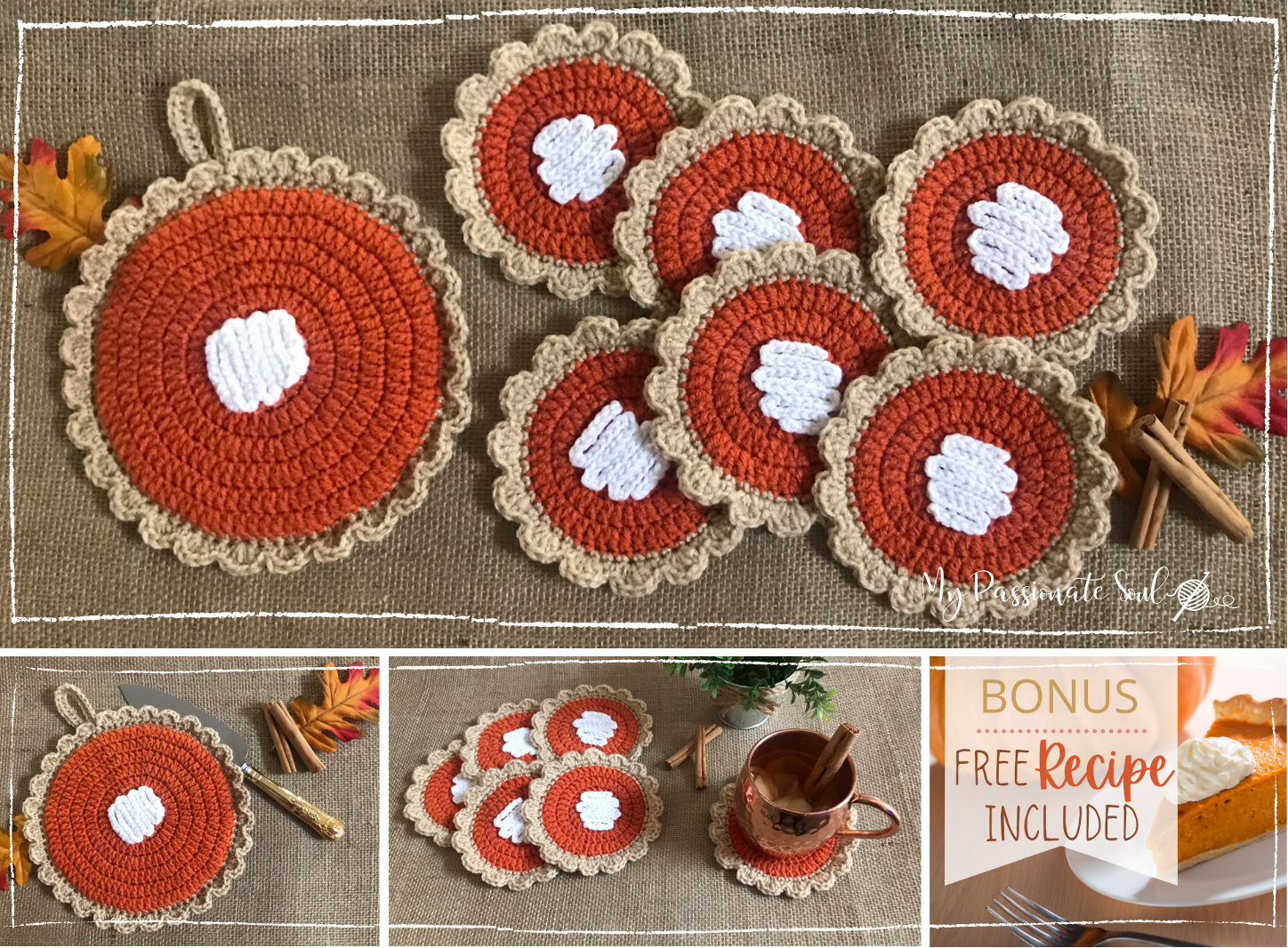 Crochet Hot Pad and Coasters - Thanksgiving - Pumpkin Pie - Free Pattern