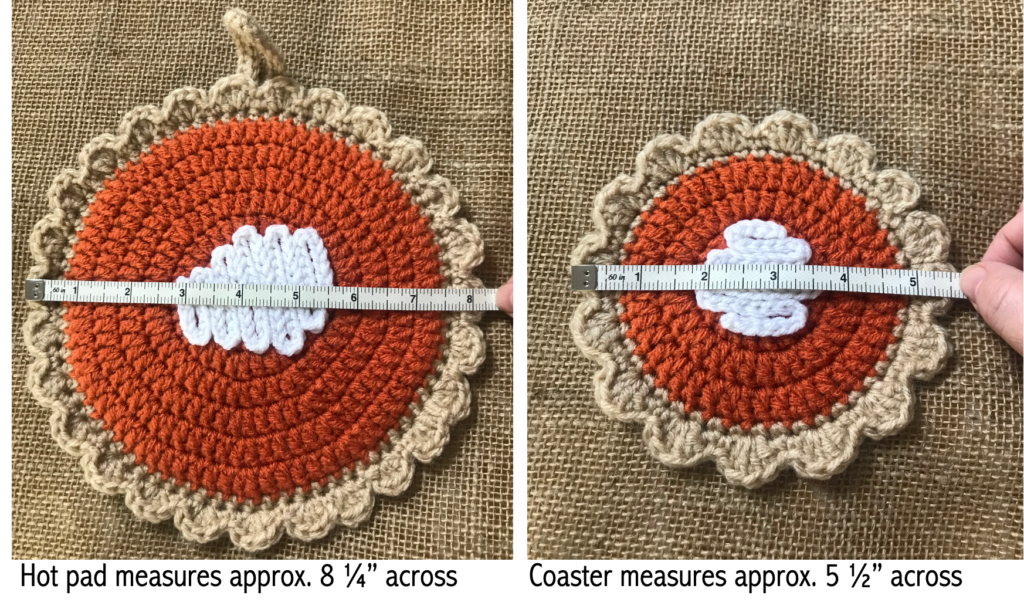 measurements for pumpkin pie crochet hot pad and coasters