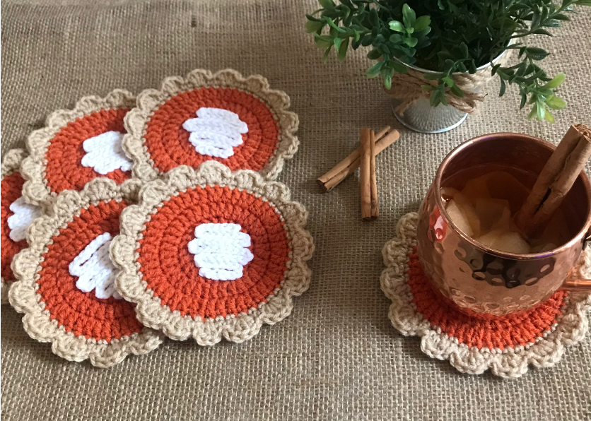finished crochet coasters - pumpkin pie crochet hot pad and coasters pattern