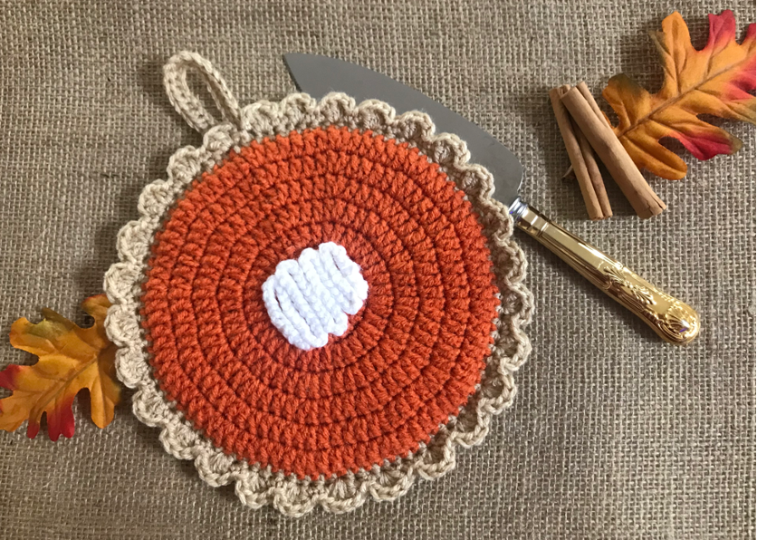 optional finished photo of hot pad - pumpkin pie crochet hot pad and coasters pattern