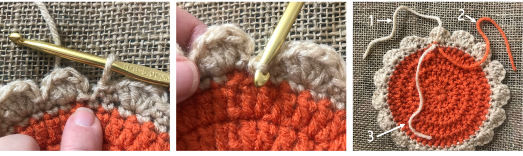 how to stitch the last double crochet scallop of the round for coaster.