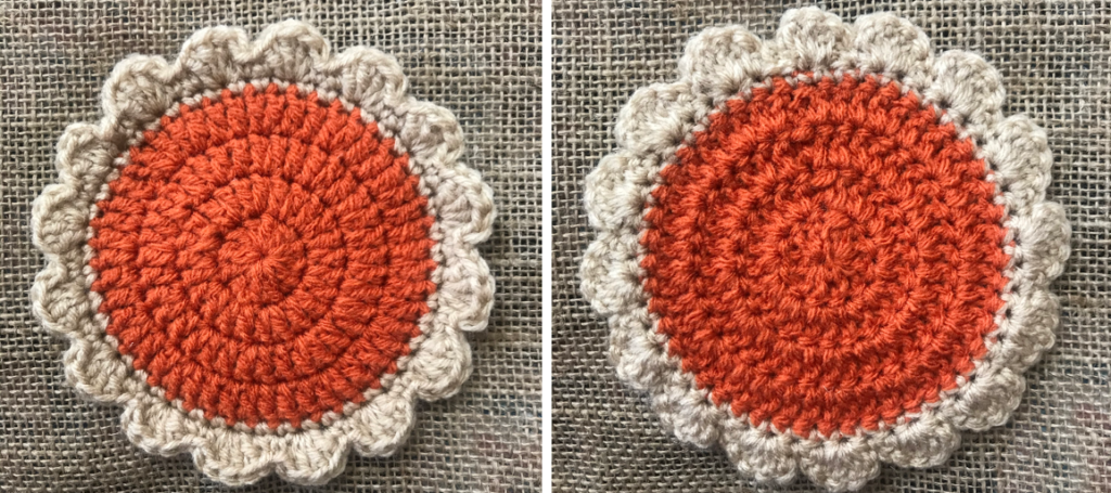 frontside and backside of coaster with scalloped pie crust edging finished - pumpkin pie crochet hot pad and coasters pattern