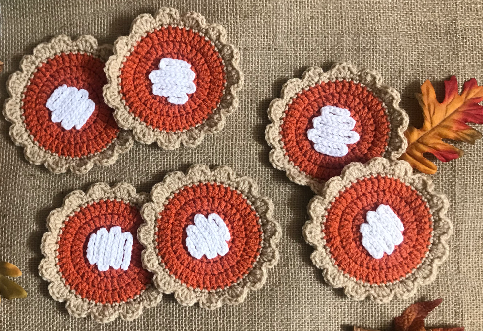finished photo of coasters - pumpkin pie crochet hot pad and coasters pattern