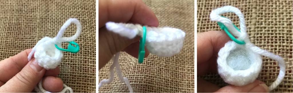 crochet marshmallow beginning stitching, turned inside out, stuffed with polyfil.