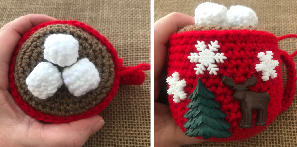 marshmallows and novelty button embellishments attached to Crochet Cocoa Ornaments.