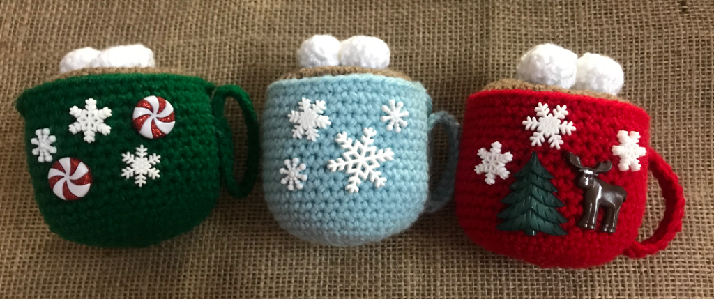 finished Crochet Cocoa Ornaments, three different options.