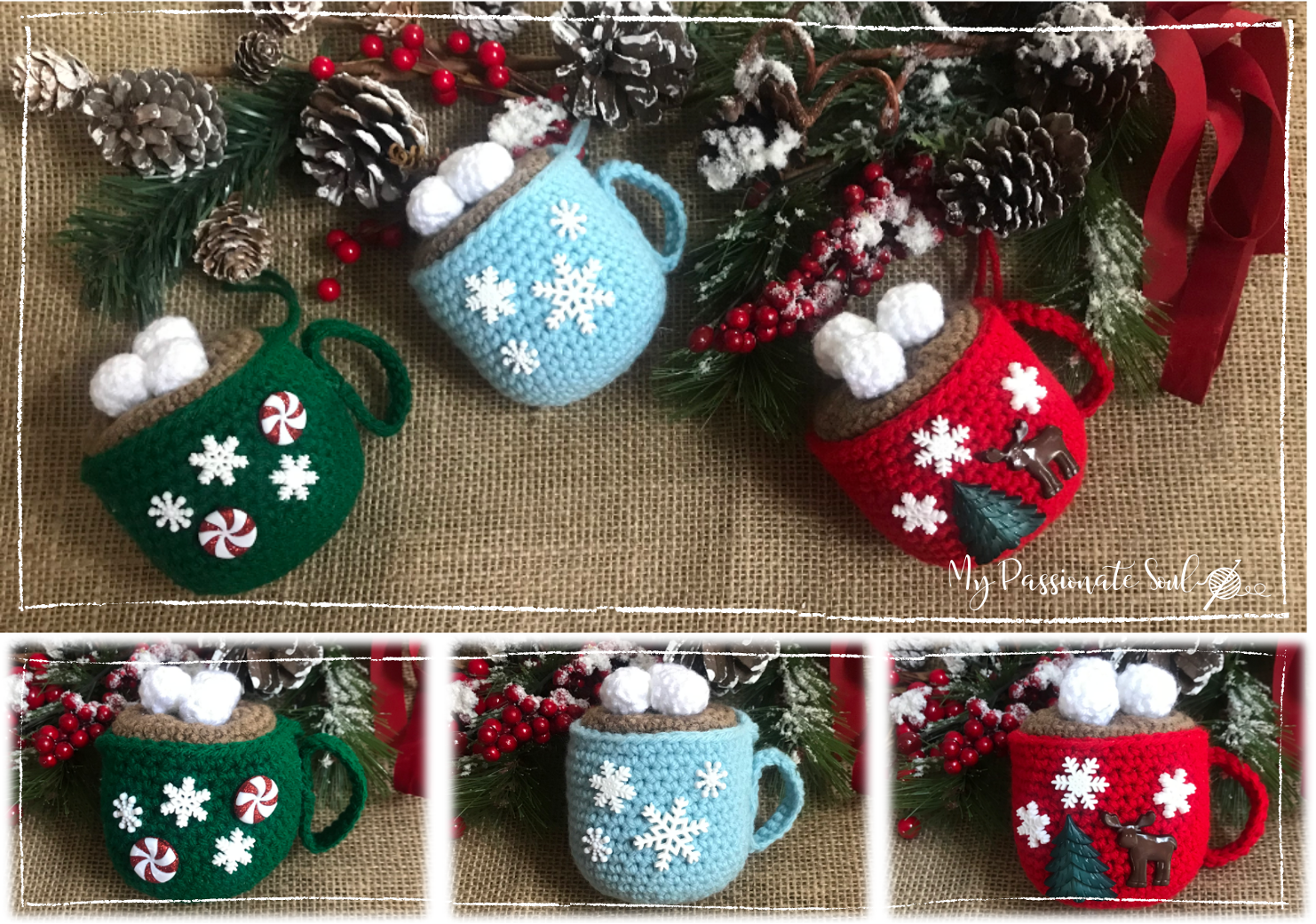 Crochet Cocoa Ornaments feature photo for blog post.