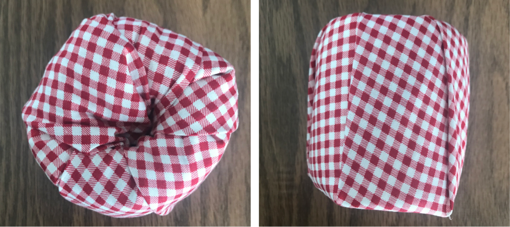 Fabric wrapped completely around toilet paper roll, top view & front view