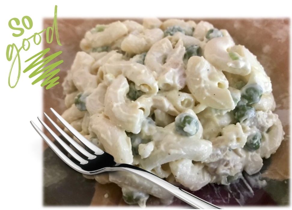 recipe for macaroni salad with tune includes, pasta, albacore tuna, peas and curry powder